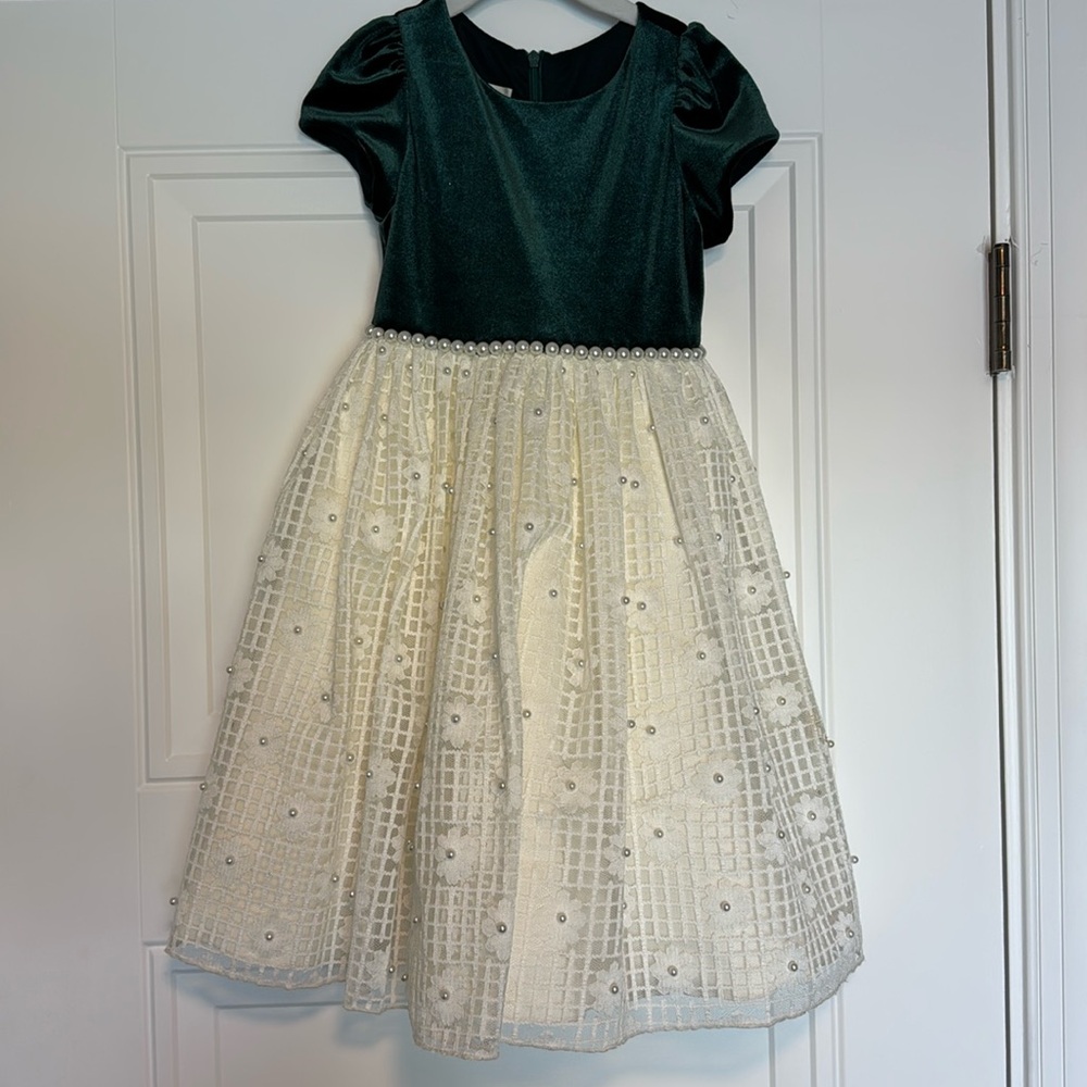 American Princess Dress Size 6 Worn Once Green Velvet Top with Cream pearls